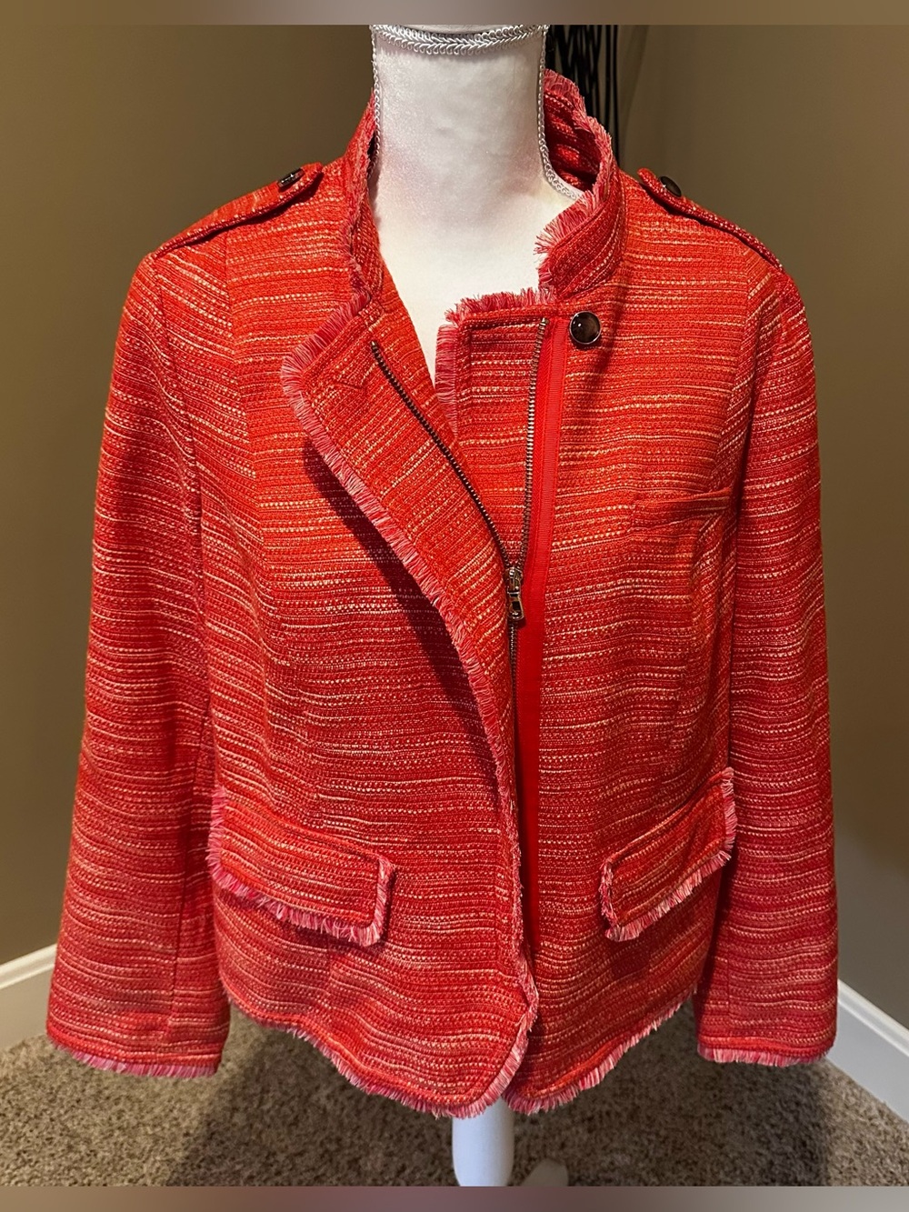 Chico's Orange Tweed Frayed Zip Jacket